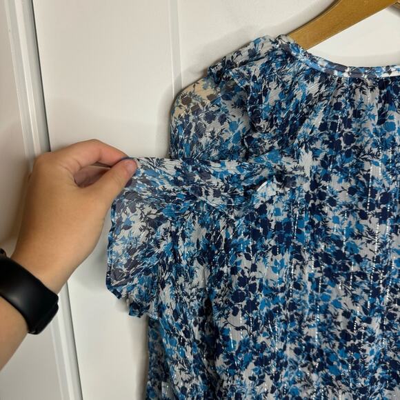 NWT Ramy Brook Celeste Blue Floral Printed Tassel Ruffle Sheer Blouse Size Small - Picture 11 of 11